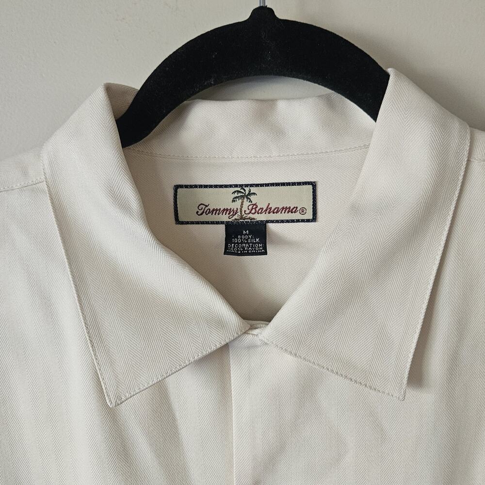Tommy Bahama Golf Silk Shirt Embroidery Tan Short Sleeve Sz M I’ll Drive You Fly